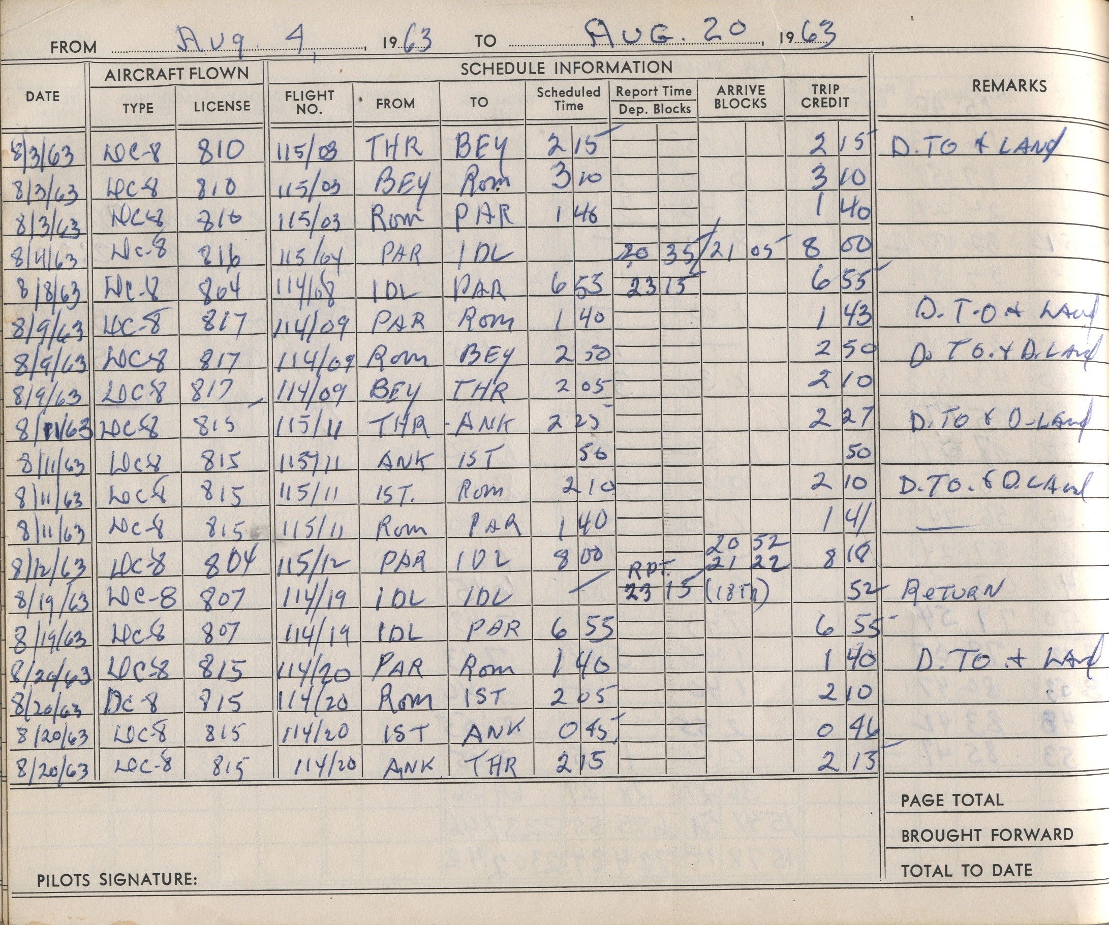1963 , August 4-20 log book page with Pan Am service to points in the Middle East.